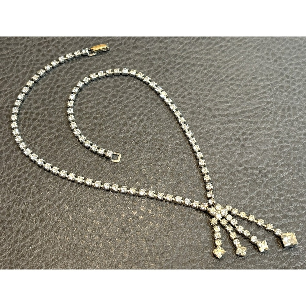 Vintage Clear Rhinestone Asymmetrical Lavalier Dangle Fringe Art Deco Necklace
